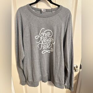 Love Never Fails Crew Neck Sweater w Artistic Design, Gray & White, Size XL